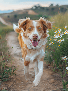 黄色小狗狗摄影照片_米色姜幼混种狗带着雏菊在山上散步