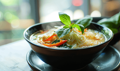 传统泰国菜米粉配绿咖喱