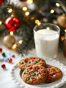 饮水杯摄影照片_圣诞饼干和牛奶