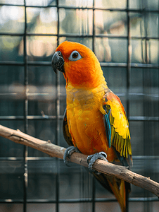 小太阳png摄影照片_动物园鸟笼中美丽多彩的太阳锥尾鹦鹉站在树枝上