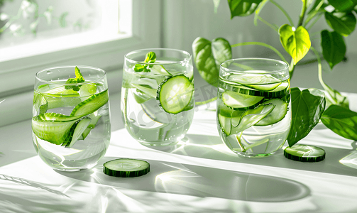 桌上玻璃杯里放着黄瓜的清爽水自制抗氧化饮料