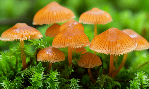 户外观察植物摄影照片_森林地面苔藓上的橙色花丝蘑菇从栖息地宏观观察
