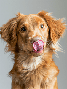 人动物生物摄影照片_托勒狗舔他粉红色的鼻子尖