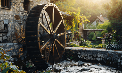 绿色河流风景摄影照片_传统铁制水磨轮