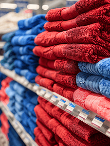 商店货架上成堆的红色和蓝色毛巾软焦点