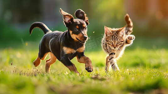 猫咪奔跑摄影照片_公园草地上小狗和猫咪高清图片