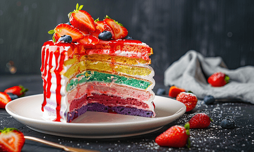 彩虹可丽饼蛋糕佐草莓酱
