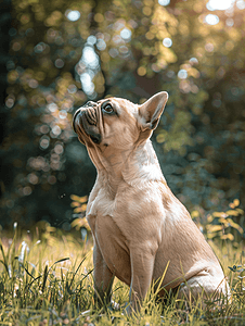 阳光明媚的日子里的法国斗牛犬自然背景下的狗的侧面像