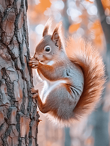 坚果可爱摄影照片_松鼠啮齿动物松鼠坐在树上吃公园里美丽的红松鼠