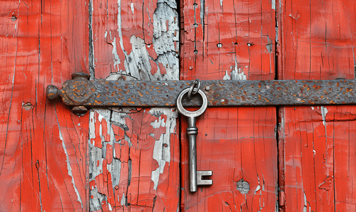 冠牛木门logo摄影照片_古老红色木门背景上大门上的古董铁钥匙