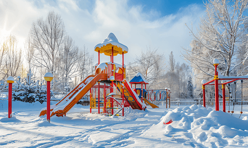 积雪覆盖摄影照片_冬季积雪覆盖的公共儿童游乐场