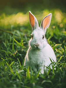 喜庆小动物摄影照片_绿色自然背景上一只有趣的白兔的肖像