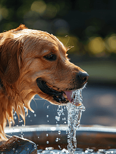狗在炎热的夏日从喷泉里喝水