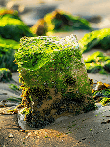 长满绿藻的海岸石头长满绿藻的石头