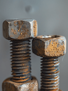 两个螺母拧到一个大的铁金属不锈钢安装螺纹螺栓上近距离视图