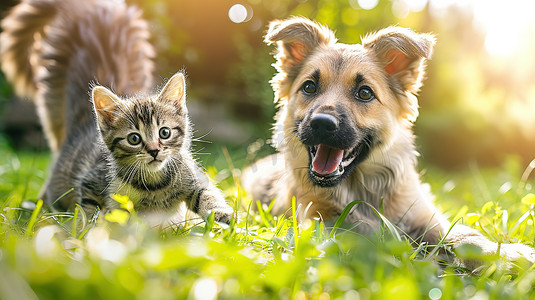 一只狗和一只猫在绿草上奔跑摄影照片