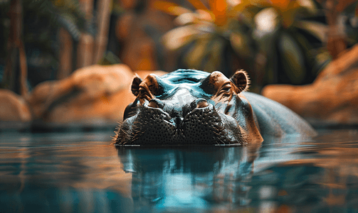 动物园水面上休息的河马的特写镜头