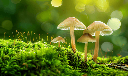 发光苔藓摄影照片_森林苔藓上两个花丝小蘑菇光斑森林地面