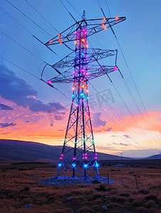 日落之后高压电线塔呈现五彩缤纷的风景