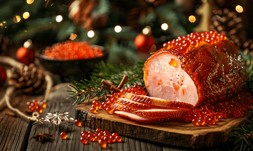 圣诞烤火腿和红鱼子酱在旧木桌上供应横幅
