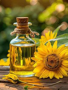 植物玻璃瓶摄影照片_玻璃瓶中的葵花籽油和木质背景上的花朵