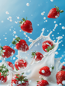 牛奶飞溅液体摄影照片_草莓落入牛奶中蓝色背景中突显
