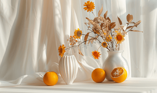 装饰主题的摄影照片_新鲜的橙子和干花插在花瓶里