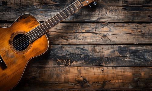 木吉他特写吉他躺在老式的木头背景上