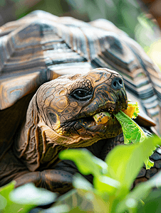 一只巨大的黄褐色乌龟正在吃蔬菜