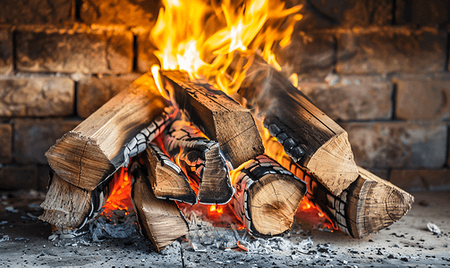 室内砖壁炉中的木材燃烧