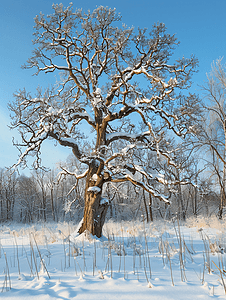 雪树林摄影照片_冬季降雪后森林中被雪封住的橡树