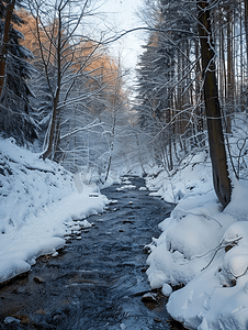 白雪皑皑的森林摄影照片_冬季森林里的雪山沟