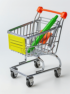 研究论文摄影照片_超市购物车和清单表上标记的绿色标记