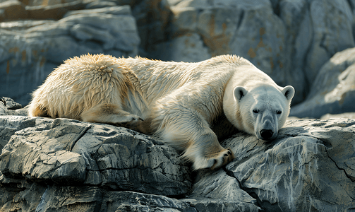 在岩石上摄影照片_岩石上的白熊躺在岩石上的北极熊