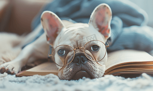 一只戴眼镜的法国斗牛犬小狗躺在一本书旁边旅行的概念