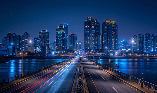 景观大道摄影照片_韩国首尔汝矣岛奥林匹克大道夜景