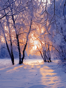 寒冷的风景冬天的夜晚有冰冻树枝的森林