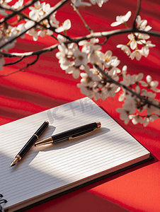 打开弹簧上的笔记本和红色背景副本上的黑色圆珠笔