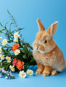 蓝色背景中毛茸茸的可爱姜兔还有一束鲜花