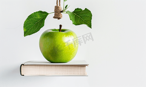 绿色书籍背景摄影照片_苹果绿挂在白色背景上的书籍上