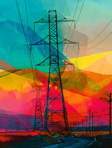 日落之后高压电线塔呈现五彩缤纷的风景