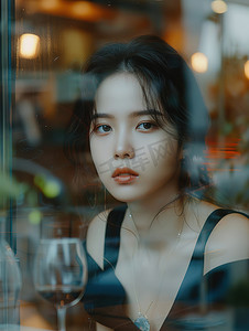 女人坐在咖啡馆的玻璃窗旁摄影图