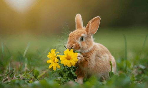 可爱兔子耳朵摄影照片_绿色自然背景中一束黄色花朵的可爱姜兔