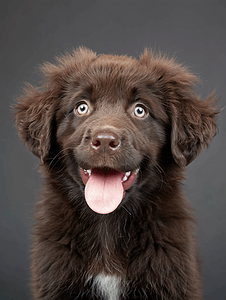 毛茸茸的棕色纽芬兰犬小狗伸出舌头