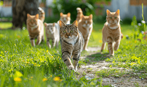 大暑快乐摄影照片_猫在院子里跑来跑去夏天外面的宠物猫家族