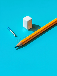 蓝色背景上带橡皮擦的橙色铅笔