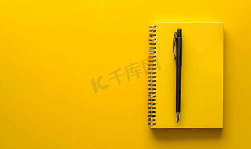 黄色背景上的笔记本和笔带复制空间的顶视图