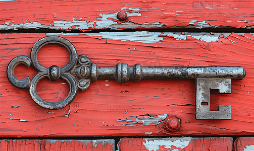 古老红色木门背景上大门上的古董铁钥匙
