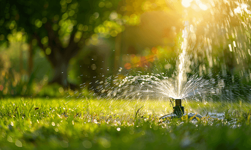 花园中洒水器给草坪浇水自动浇水草坪概念