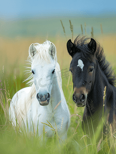 绿背景摄影照片_绿草背景中的白色和黑色冰岛小马驹